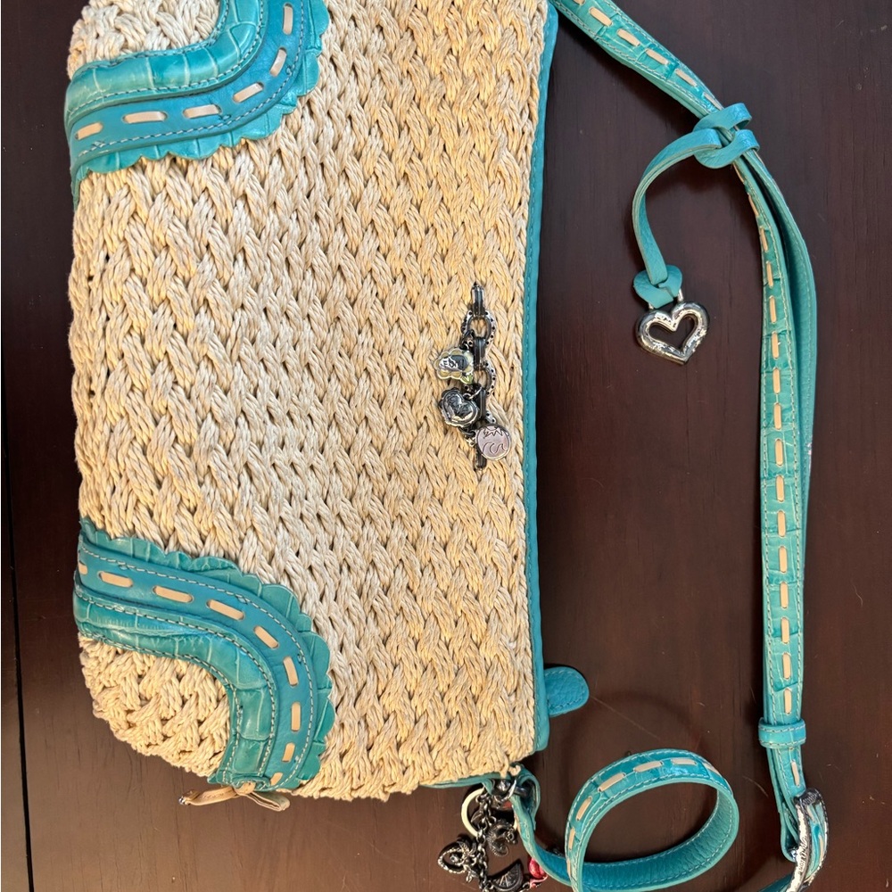 Brighton Woven Straw and Teal Crossbody Bag